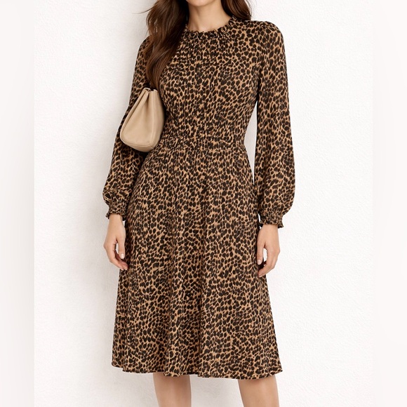 J. Crew Dresses & Skirts - J.Crew Leopard Print Midi Dress Size 2 Animal Print Smocked Cuffs Long Sleeve